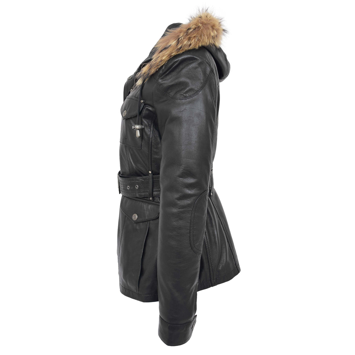 Womens Leather Coat with Detachable Hoodie Daisy Black - genuine leather coat in black with detachable hood