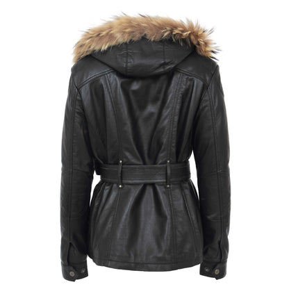 Womens Leather Coat with Detachable Hoodie Daisy Black - genuine leather coat in black with four outer pockets
