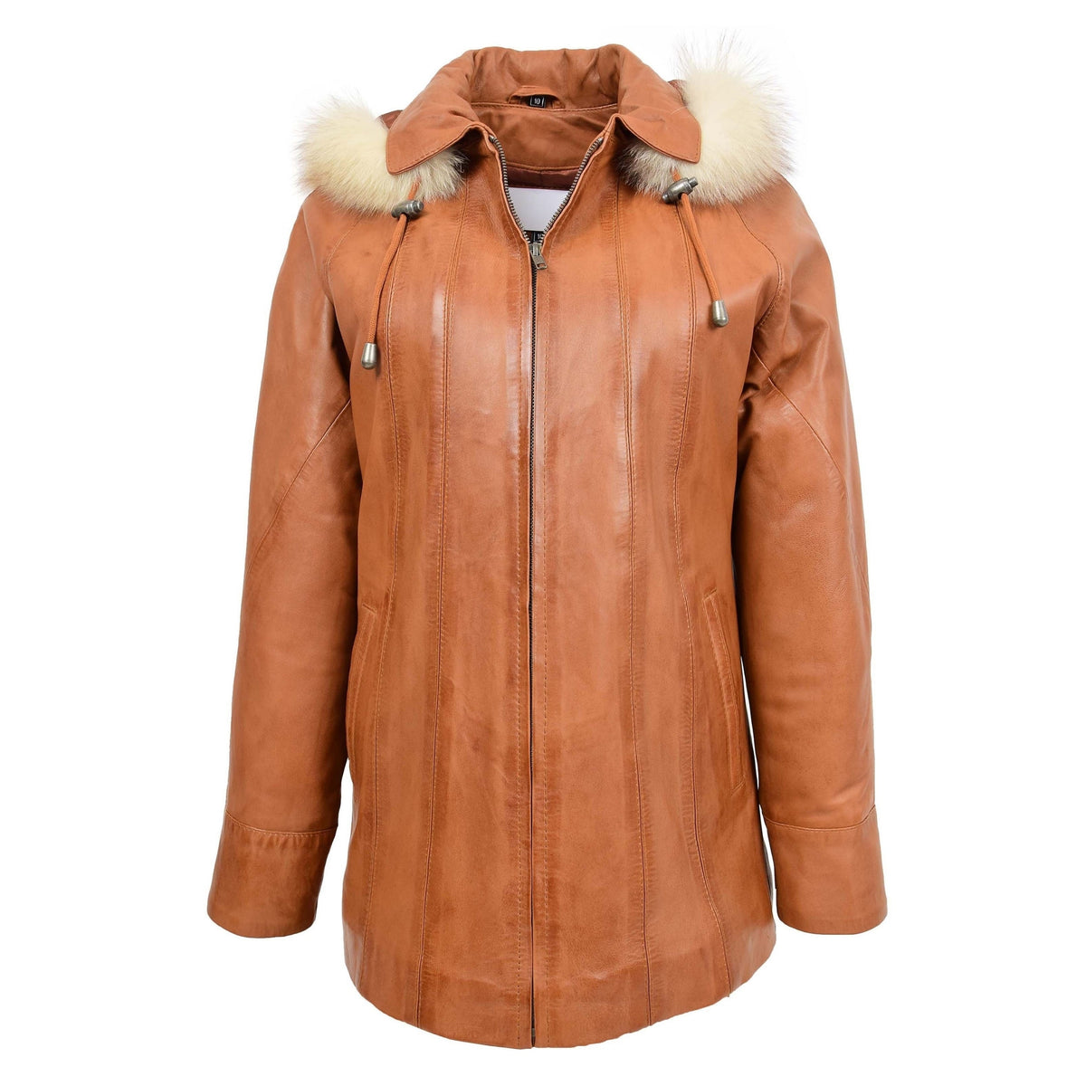 Womens Leather Coat with Hoodie Jane Tan - genuine leather coat in tan with two outer pockets