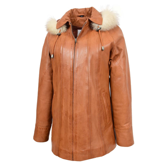 Womens Leather Coat with Hoodie Jane Tan - genuine leather coat in tan with two outer pockets
