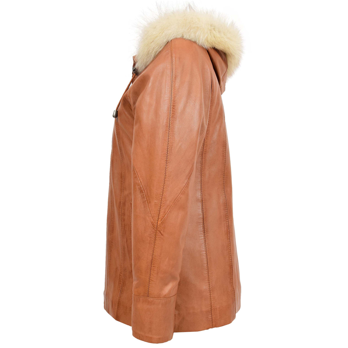 Womens Leather Coat with Hoodie Jane Tan - genuine leather coat in tan with two outer pockets