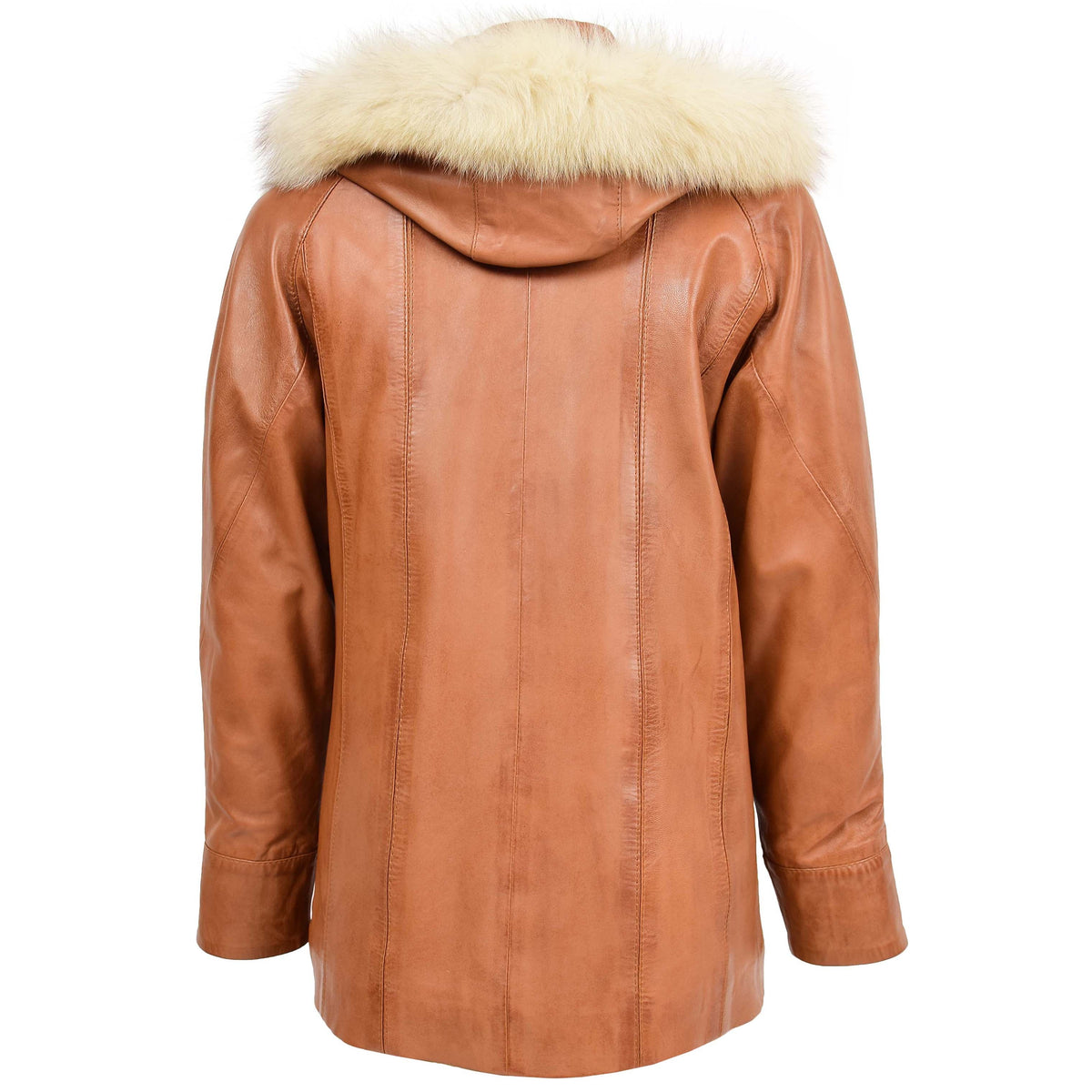 Womens Leather Coat with Hoodie Jane Tan - genuine leather coat in tan with two outer pockets
