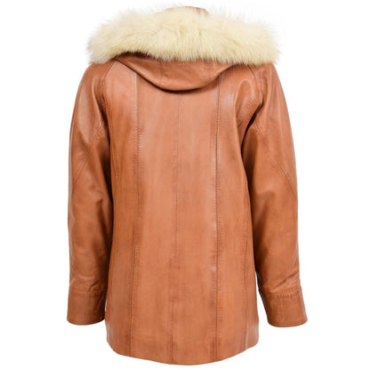 Womens Leather Coat with Hoodie Jane Tan - genuine leather coat in tan with two outer pockets