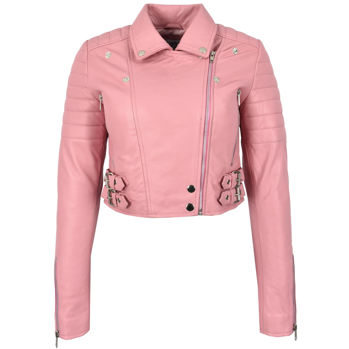 Womens Leather Cropped Biker Style Jacket Demi Baby Pink - genuine leather jacket in pink with two outer pockets