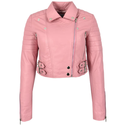 Womens Leather Cropped Biker Style Jacket Demi Baby Pink - genuine leather jacket in pink with two outer pockets