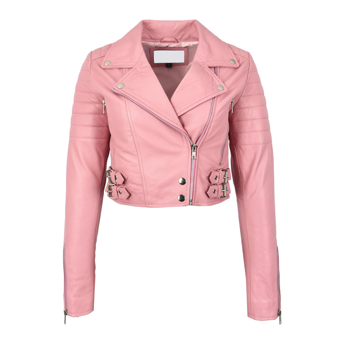 Womens Leather Cropped Biker Style Jacket Demi Baby Pink - genuine leather jacket in pink with biker