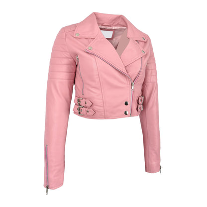 Womens Leather Cropped Biker Style Jacket Demi Baby Pink - genuine leather jacket in pink with cropped