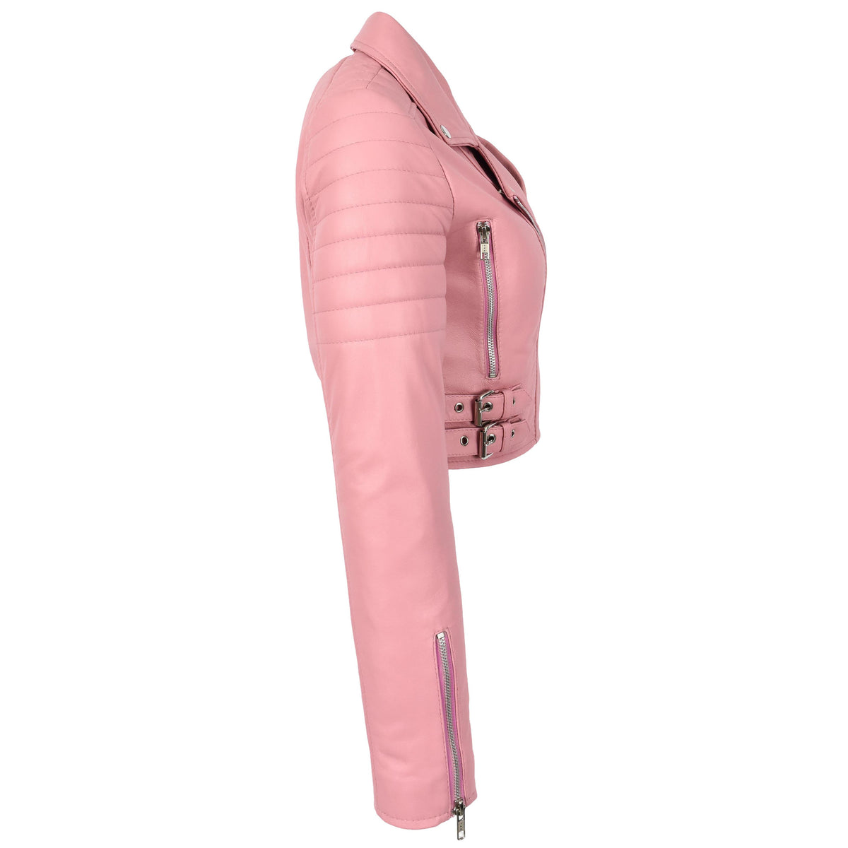 Womens Leather Cropped Biker Style Jacket Demi Baby Pink - genuine leather jacket in pink with two outer pockets