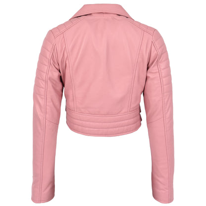 Womens Leather Cropped Biker Style Jacket Demi Baby Pink - genuine leather jacket in pink with cropped