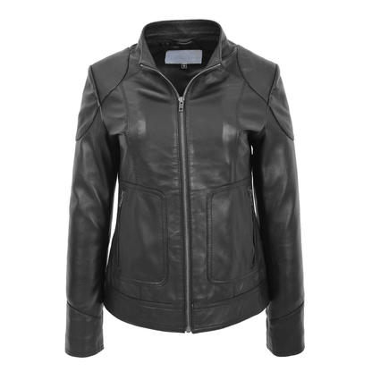 Womens Leather Detachable Hooded Coat Brooke Black - genuine leather coat in black with two outer pockets
