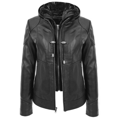 Womens Leather Detachable Hooded Coat Brooke Black - genuine leather coat in black with hooded