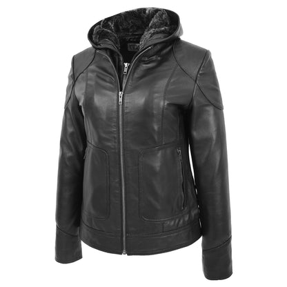Womens Leather Detachable Hooded Coat Brooke Black - genuine leather coat in black with detachable hood