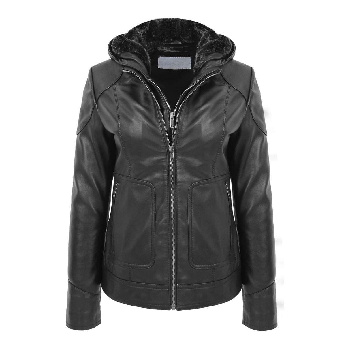 Womens Leather Detachable Hooded Coat Brooke Black - genuine leather coat in black with two outer pockets