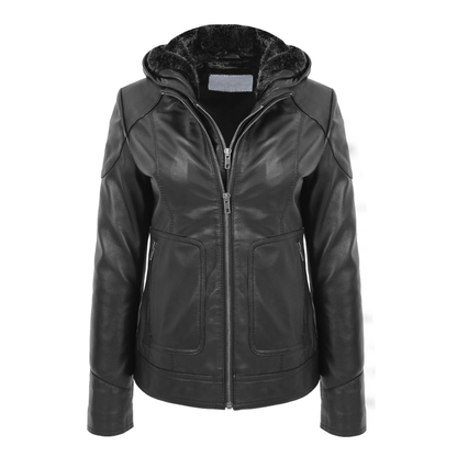 Womens Leather Detachable Hooded Coat Brooke Black - genuine leather coat in black with two outer pockets