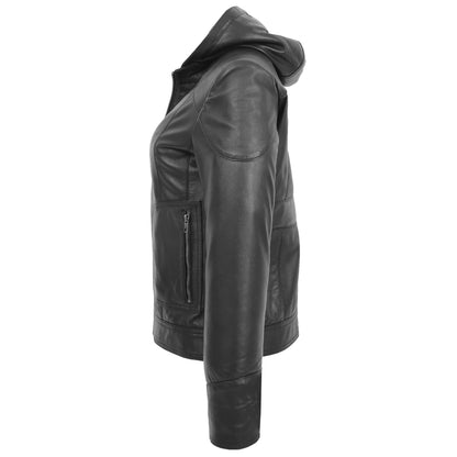 Womens Leather Detachable Hooded Coat Brooke Black - genuine leather coat in black with hooded