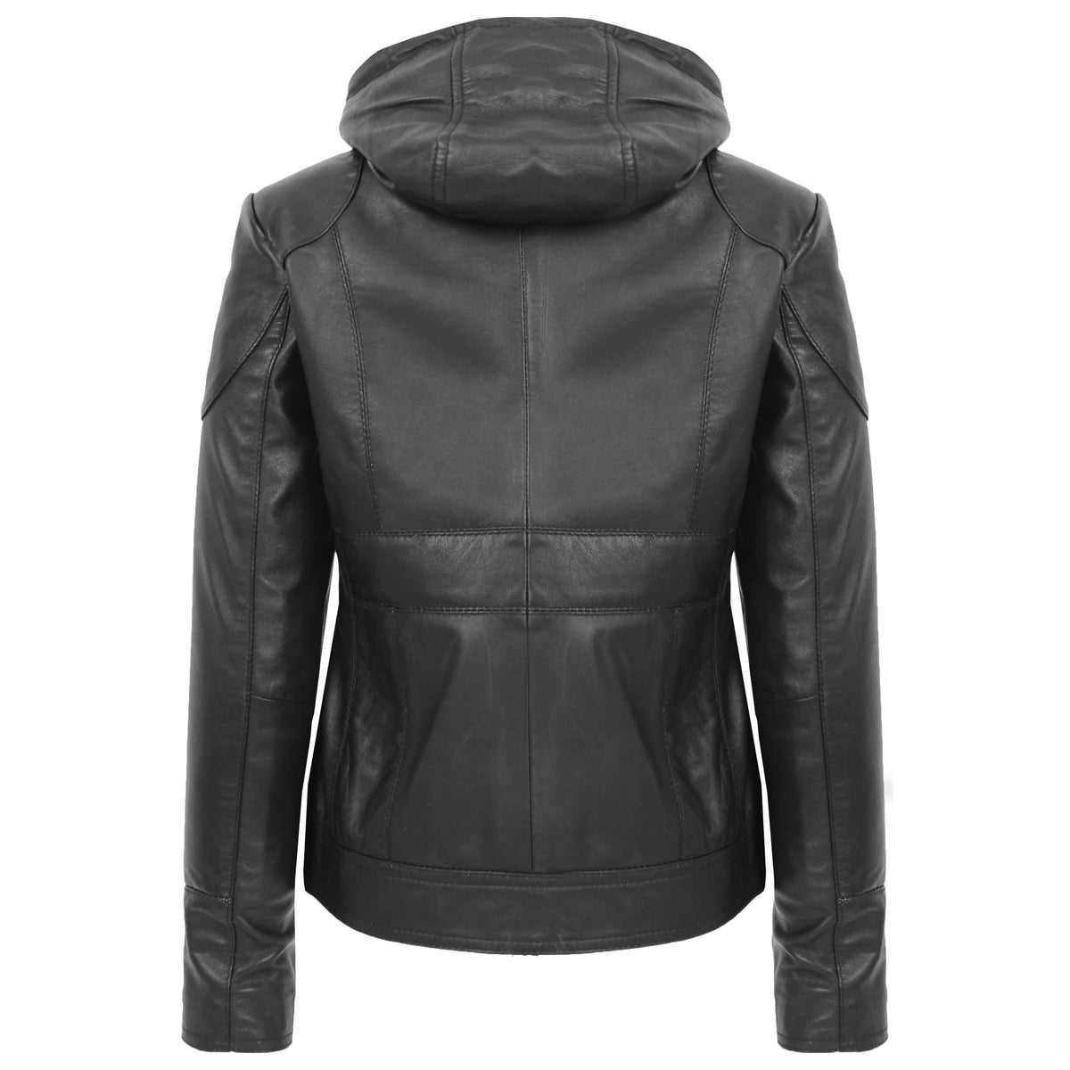 Womens Leather Detachable Hooded Coat Brooke Black - genuine leather coat in black with detachable hood