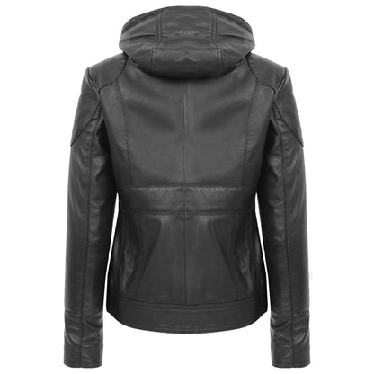 Womens Leather Detachable Hooded Coat Brooke Black - genuine leather coat in black with detachable hood