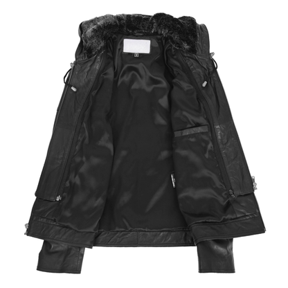 Womens Leather Detachable Hooded Coat Brooke Black - genuine leather coat in black with two outer pockets