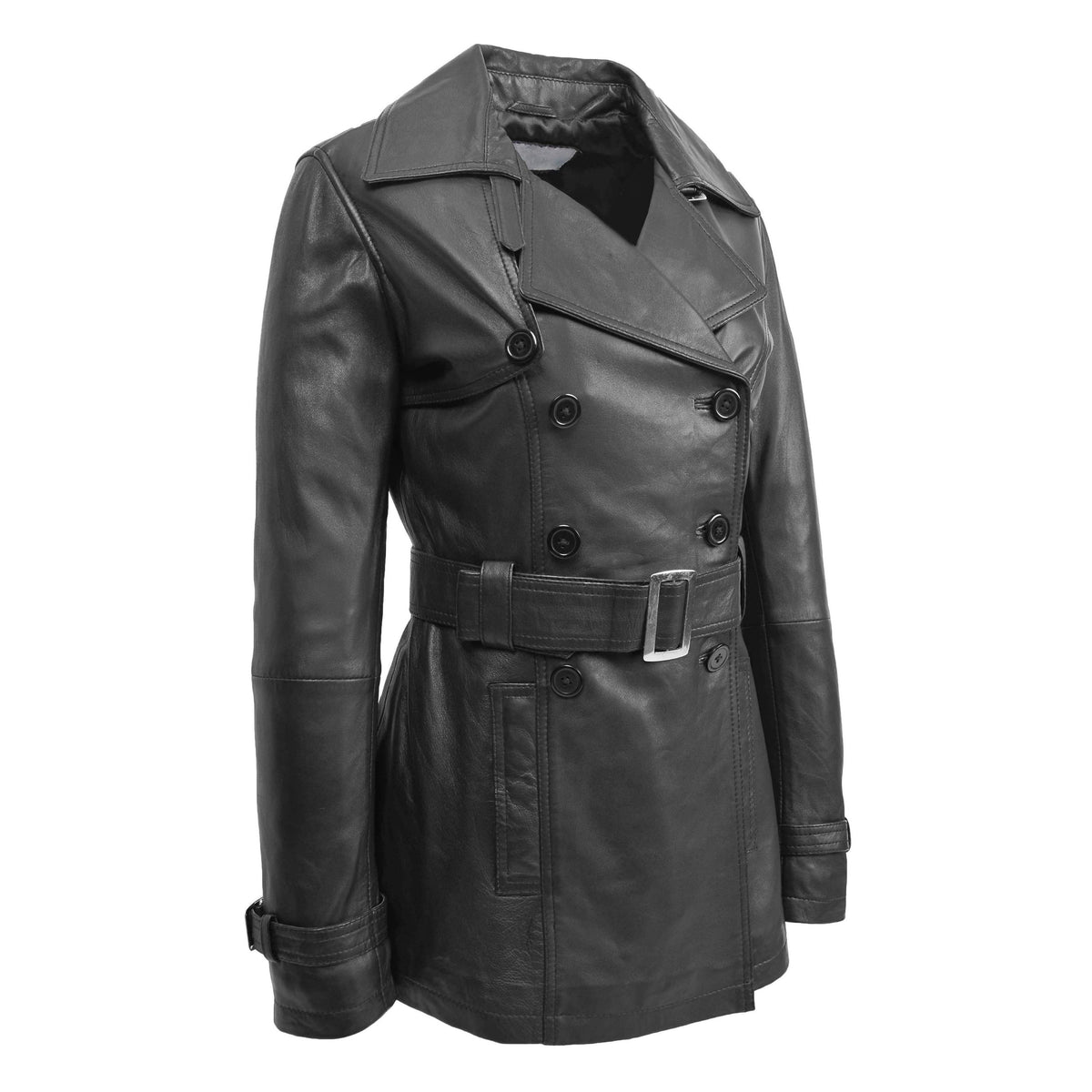Womens Leather Double Breasted Trench Coat Sienna Black - genuine leather coat in black with double breasted