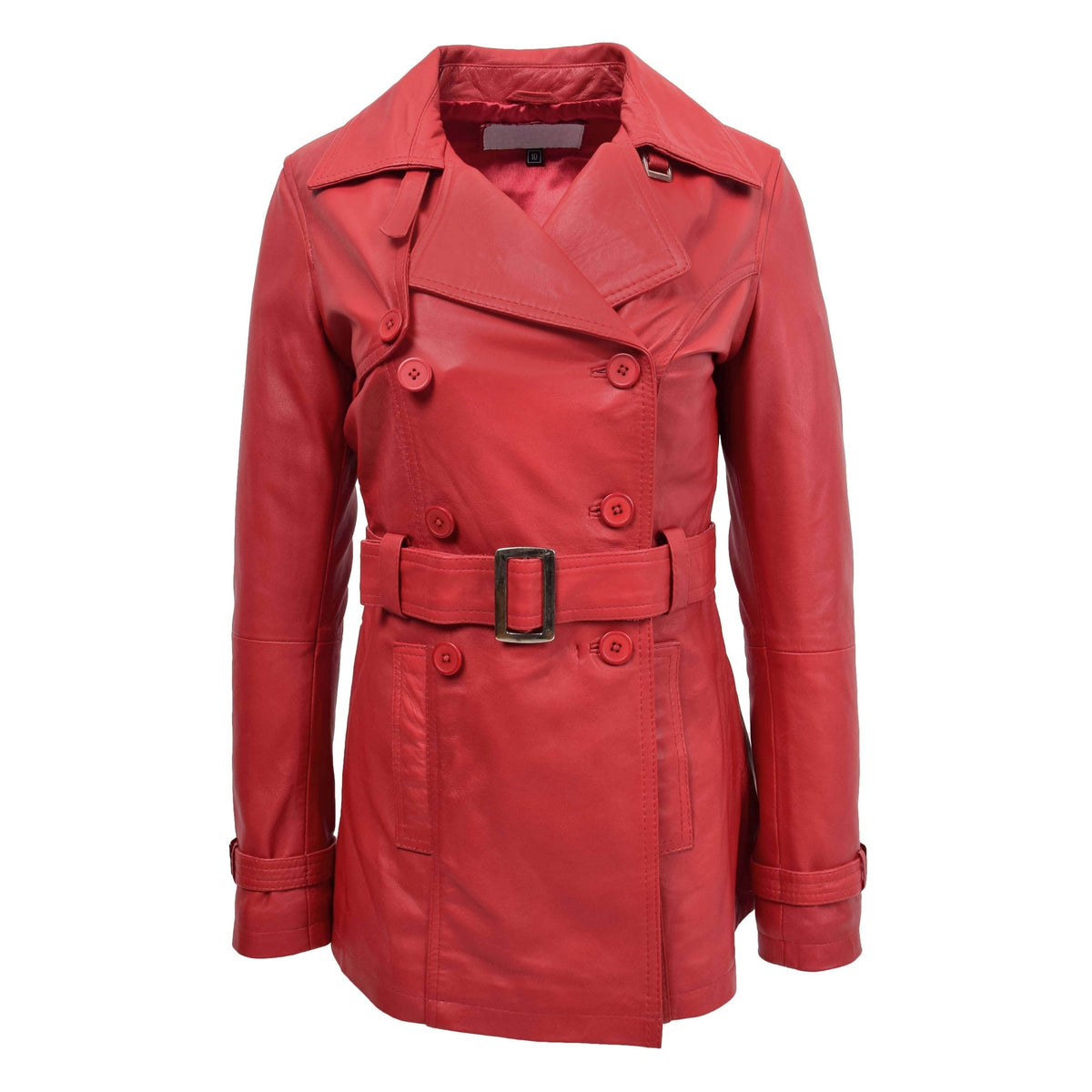 Womens Leather Double Breasted Trench Coat Sienna Red - genuine leather coat in red with two outer pockets