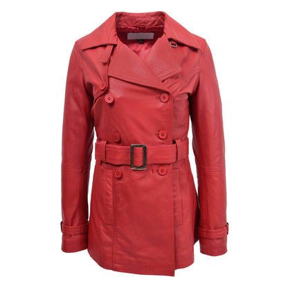 Womens Leather Double Breasted Trench Coat Sienna Red - genuine leather coat in red with two outer pockets