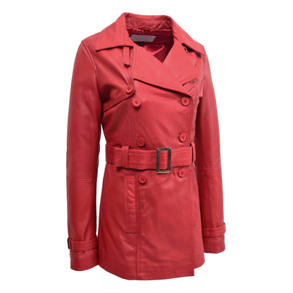 Womens Leather Double Breasted Trench Coat Sienna Red - genuine leather coat in red with double breasted