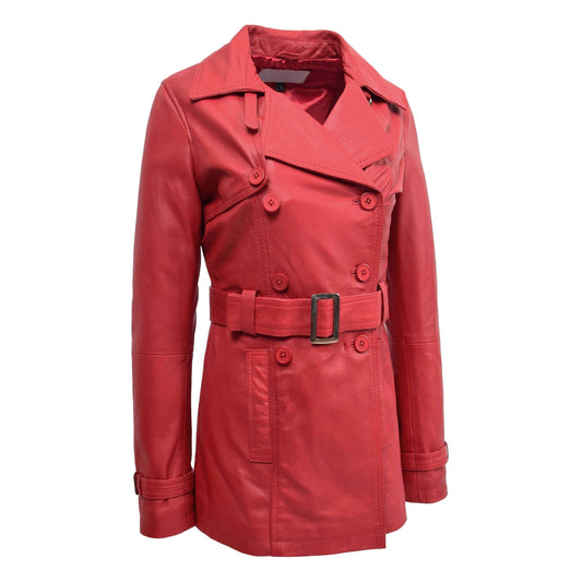 Womens Leather Double Breasted Trench Coat Sienna Red - genuine leather coat in red with double breasted