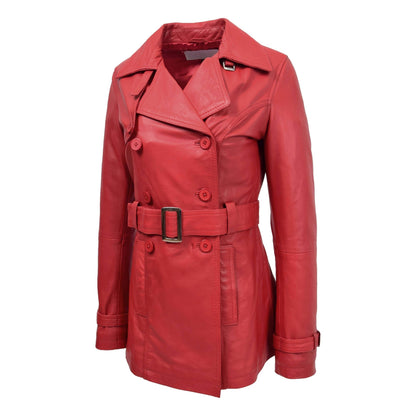 Womens Leather Double Breasted Trench Coat Sienna Red - genuine leather coat in red with trench