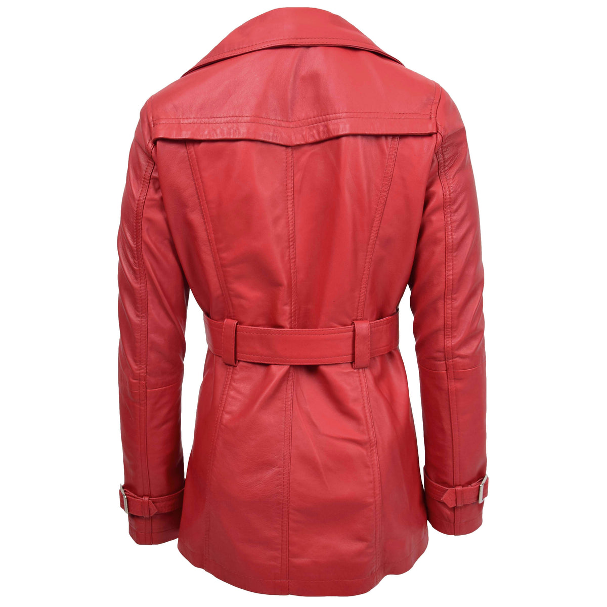 Womens Leather Double Breasted Trench Coat Sienna Red - genuine leather coat in red with two outer pockets