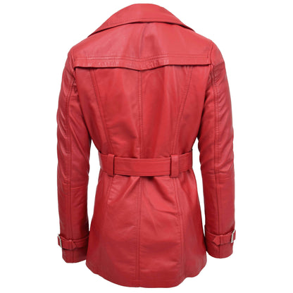 Womens Leather Double Breasted Trench Coat Sienna Red - genuine leather coat in red with two outer pockets