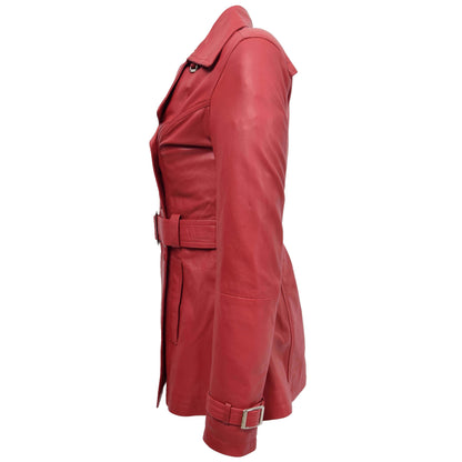 Womens Leather Double Breasted Trench Coat Sienna Red - genuine leather coat in red with double breasted