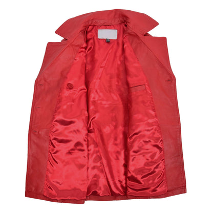 Womens Leather Double Breasted Trench Coat Sienna Red - genuine leather coat in red with trench