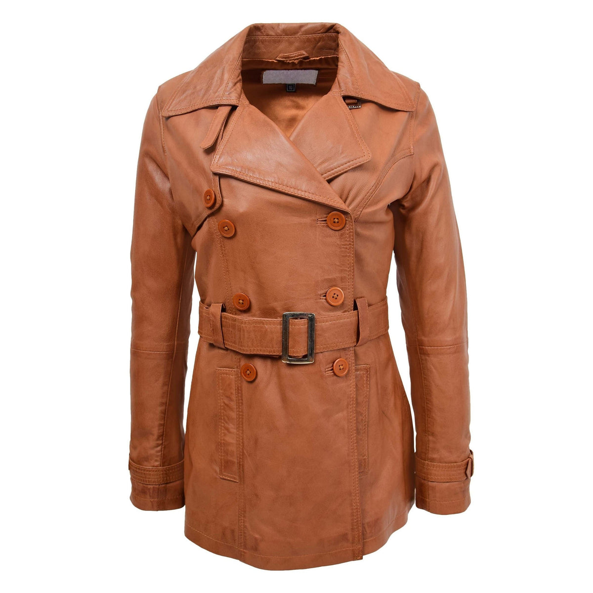 Womens Leather Double Breasted Trench Coat Sienna Tan - genuine leather coat in tan with two outer pockets