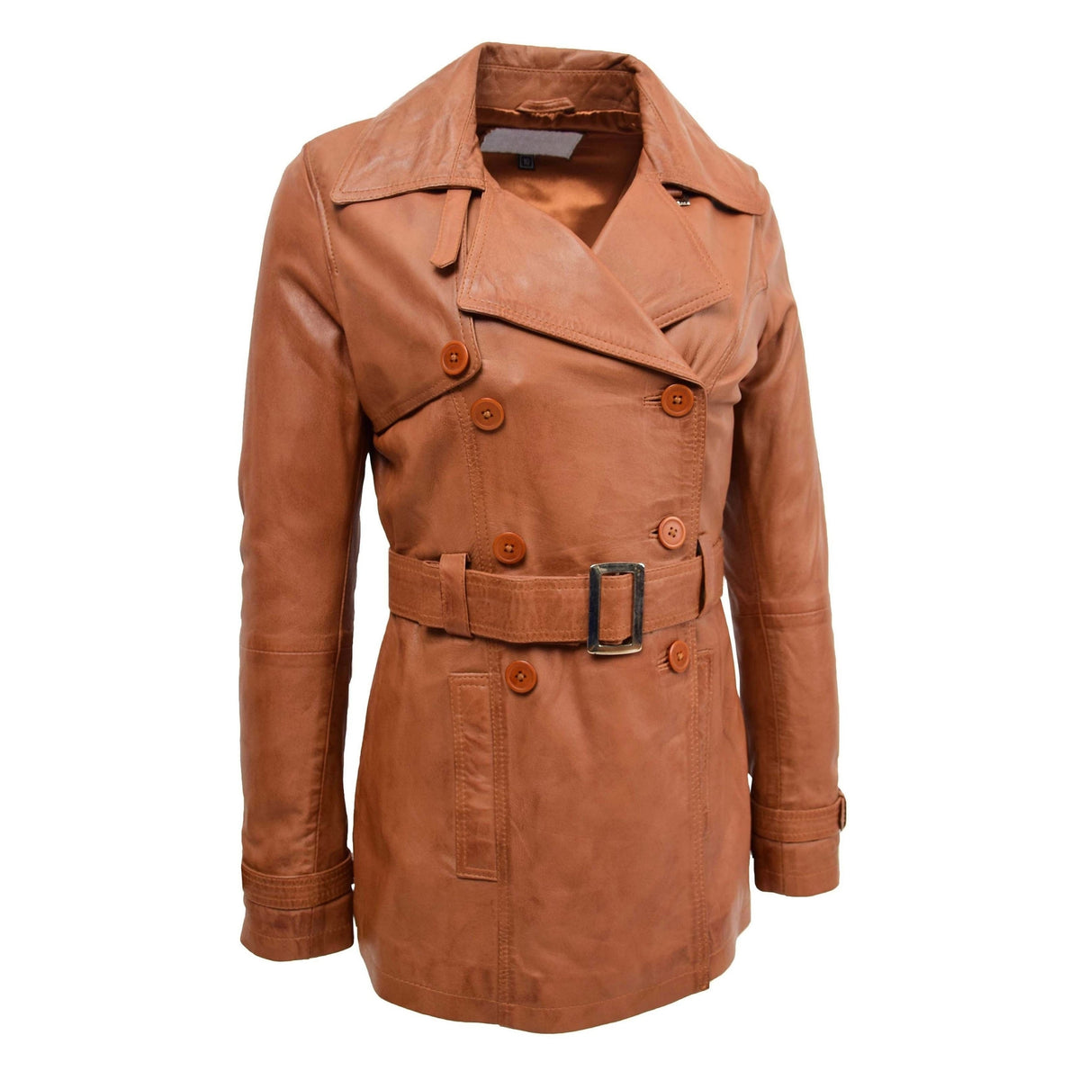 Womens Leather Double Breasted Trench Coat Sienna Tan - genuine leather coat in tan with double breasted