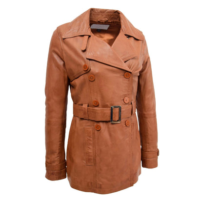Womens Leather Double Breasted Trench Coat Sienna Tan - genuine leather coat in tan with double breasted