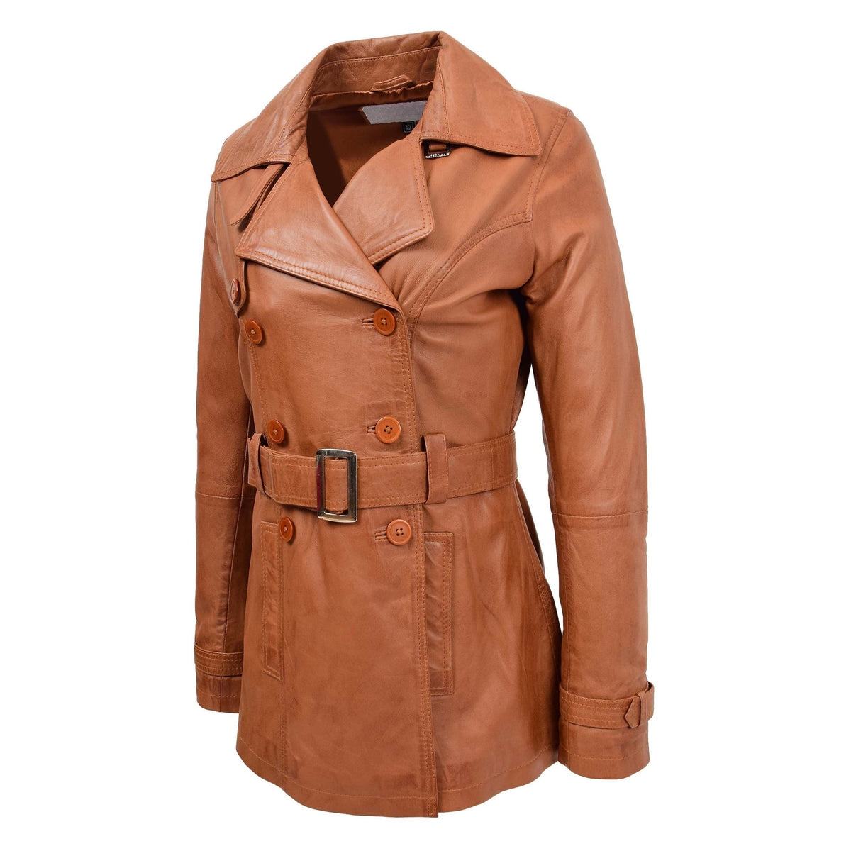 Womens Leather Double Breasted Trench Coat Sienna Tan - genuine leather coat in tan with trench