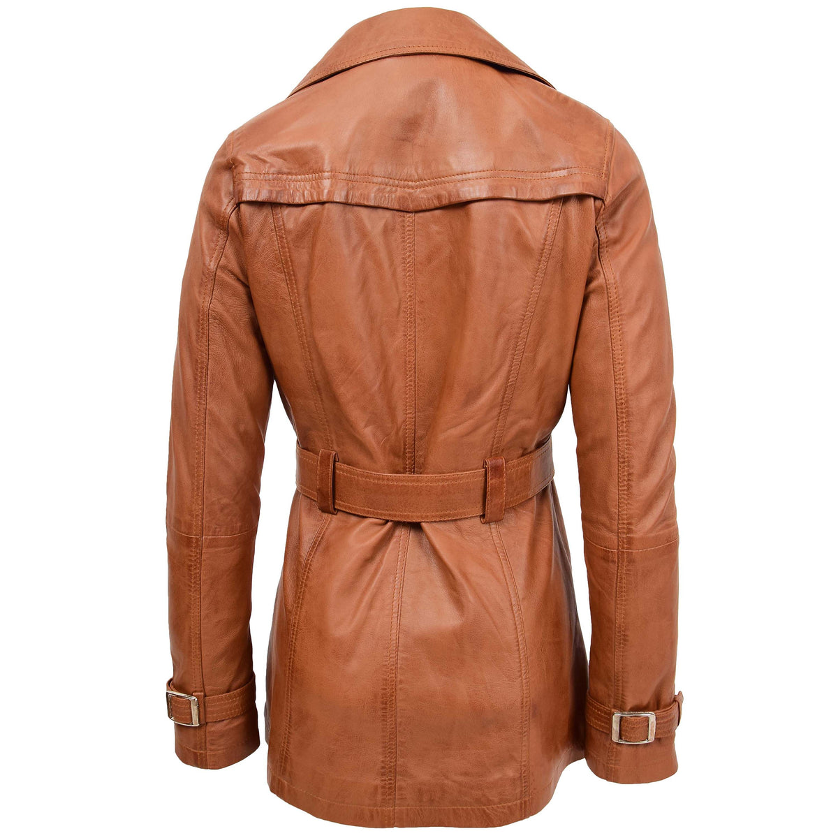 Womens Leather Double Breasted Trench Coat Sienna Tan - genuine leather coat in tan with two outer pockets