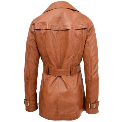 Womens Leather Double Breasted Trench Coat Sienna Tan - genuine leather coat in tan with two outer pockets
