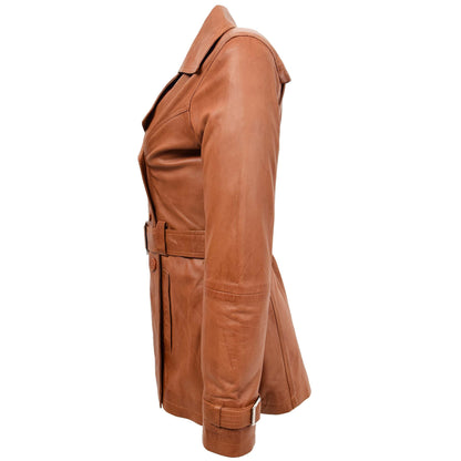 Womens Leather Double Breasted Trench Coat Sienna Tan - genuine leather coat in tan with double breasted