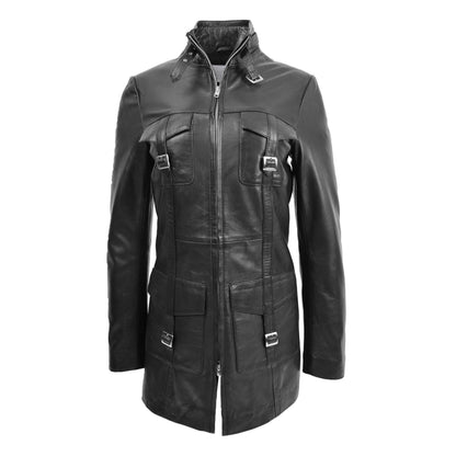 Womens Leather Dual Zip Fastening Jacket Kendall Black - genuine leather jacket in black with four outer pockets