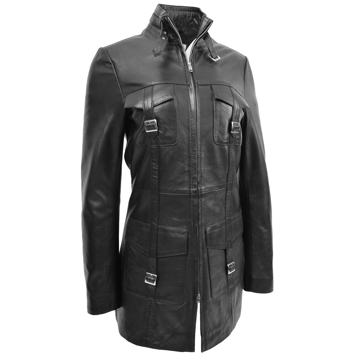 Womens Leather Dual Zip Fastening Jacket Kendall Black - genuine leather jacket in black with zip fastening