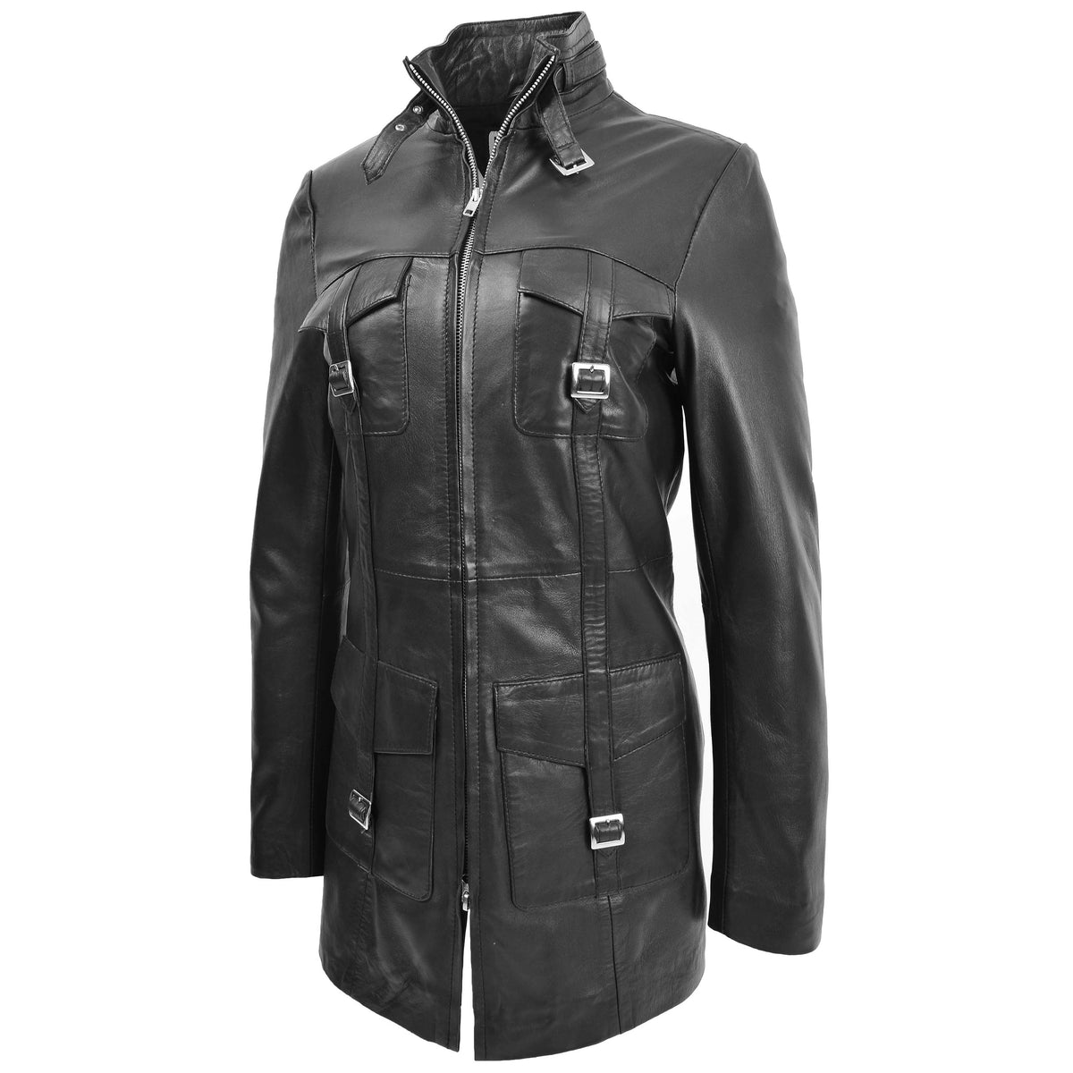 Womens Leather Dual Zip Fastening Jacket Kendall Black - genuine leather jacket in black with four outer pockets
