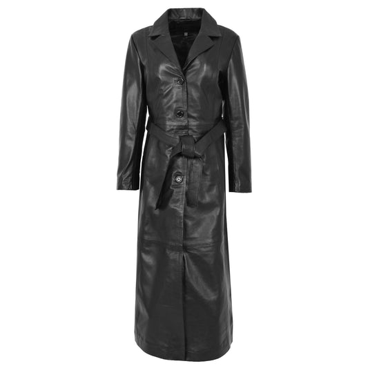 Womens Leather Full Length Classic Coat Gabbie Black - genuine leather coat in black with two outer pockets