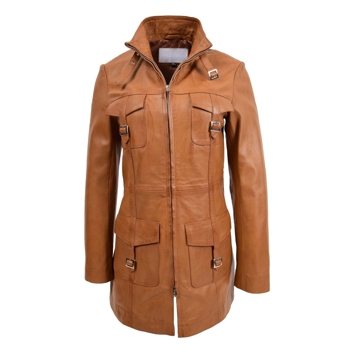 Womens Leather Dual Zip Fastening Jacket Kendall Tan - genuine leather jacket in tan with four outer pockets