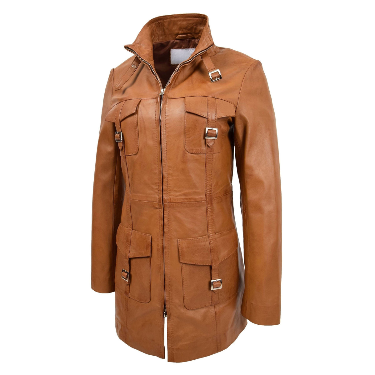 Womens Leather Dual Zip Fastening Jacket Kendall Tan - genuine leather jacket in tan with four outer pockets