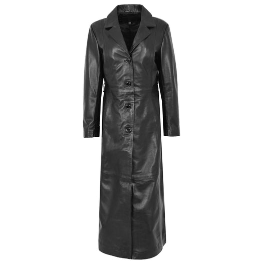 Womens Leather Full Length Classic Coat Gabbie Black - genuine leather coat in black with full length
