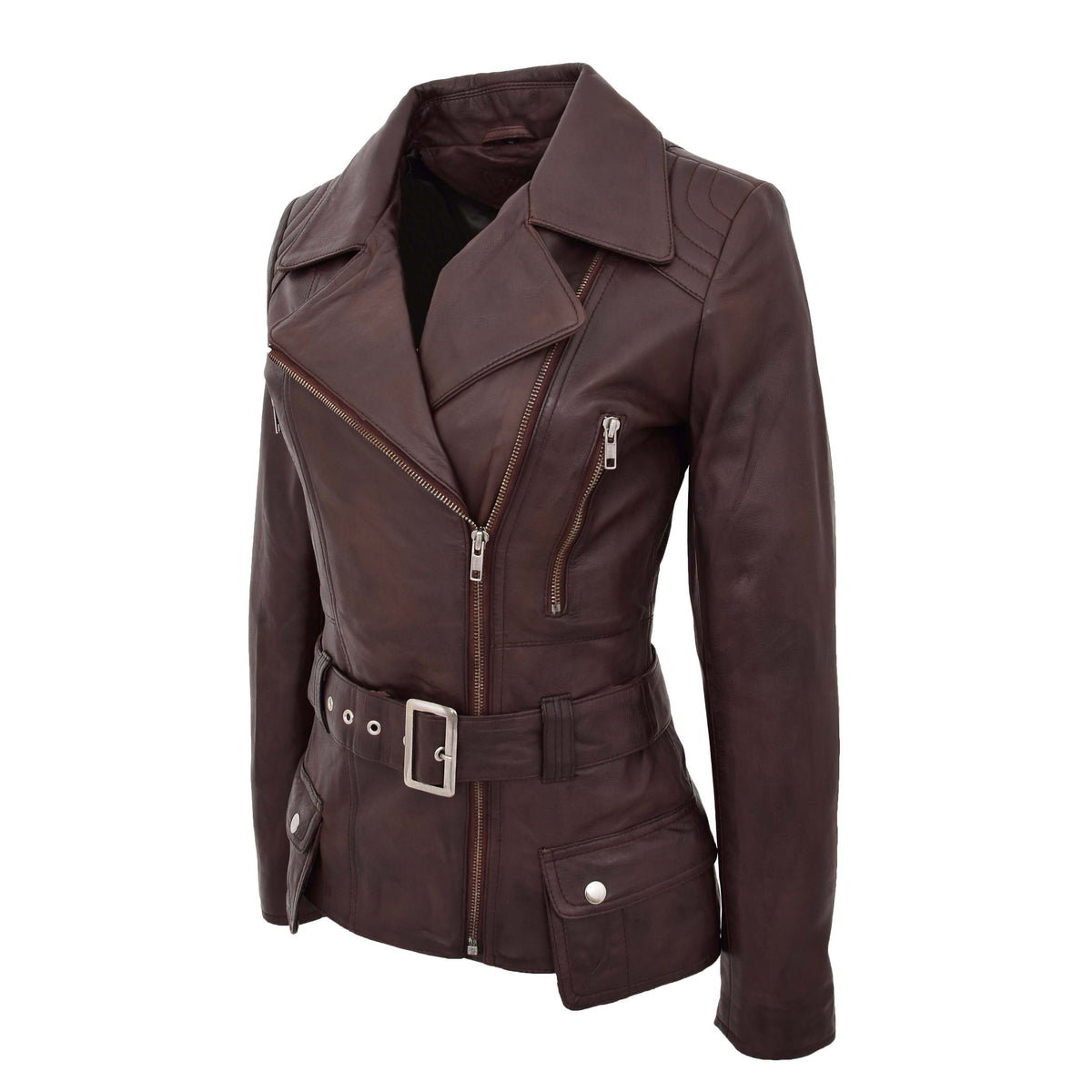 Womens Leather Hip Length Biker Jacket Celia Brown - genuine leather jacket in brown with biker