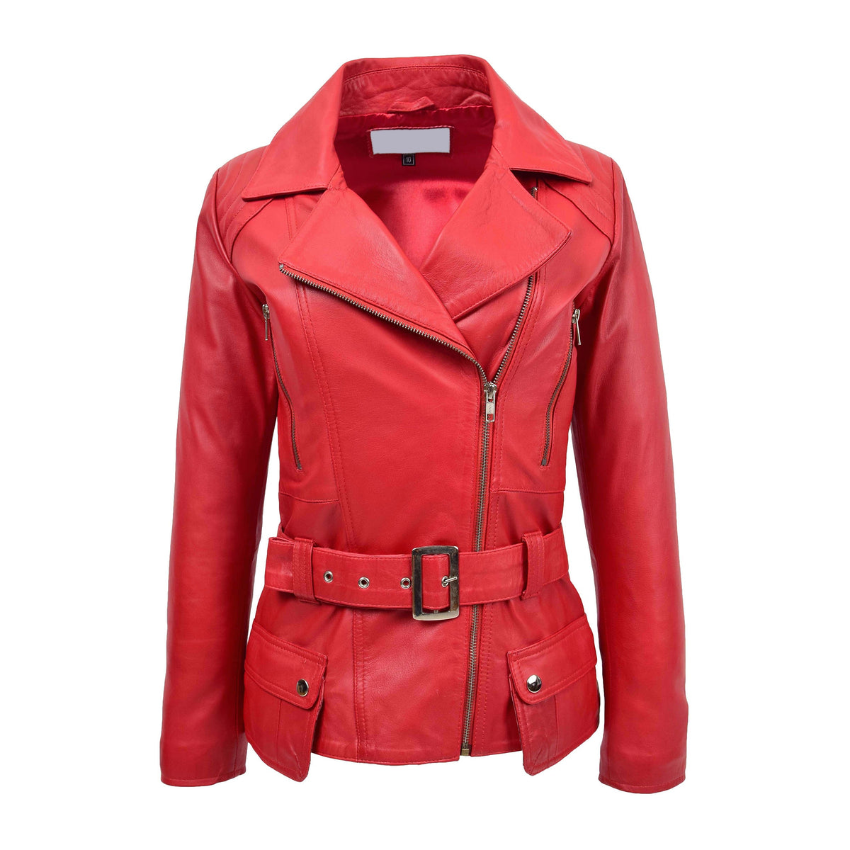 Womens Leather Hip Length Biker Jacket Celia Red - genuine leather jacket in red with four outer pockets