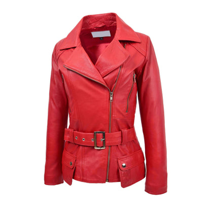 Womens Leather Hip Length Biker Jacket Celia Red - genuine leather jacket in red with biker
