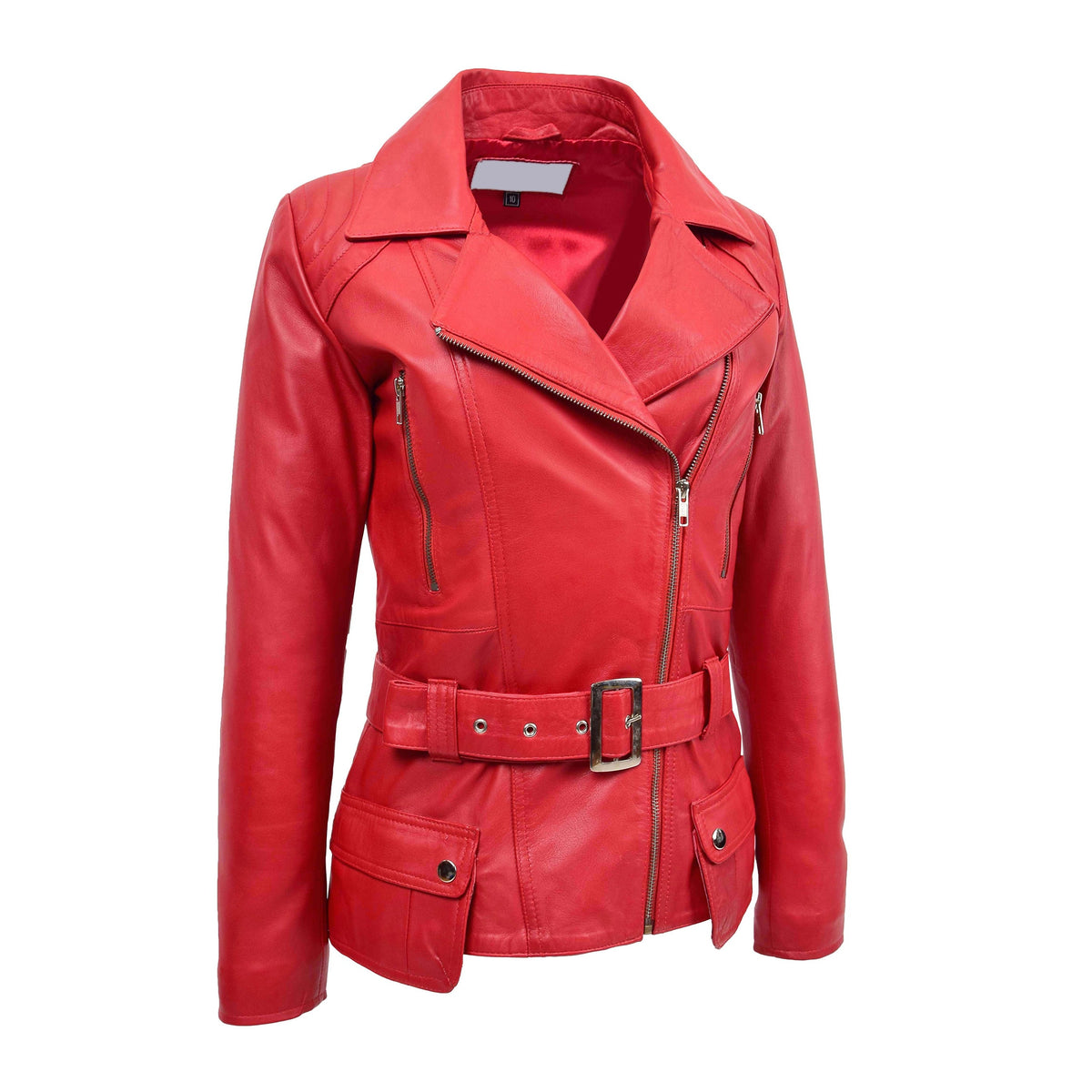 Womens Leather Hip Length Biker Jacket Celia Red - genuine leather jacket in red with hip length